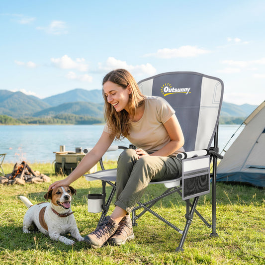 Outsunny Padded Camping Chair Adults Heavy Duty Folding Chair Side Pocket Cup Holder Carry Bag Outdoor Light Grey