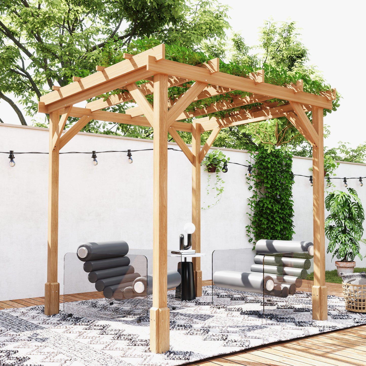 Outsunny 2 x 2 m Wooden Pergola Kit, Decorative Garden Gazebo Shelter with Stable Structure for Climbing Vines, Flowers, Dark Brown