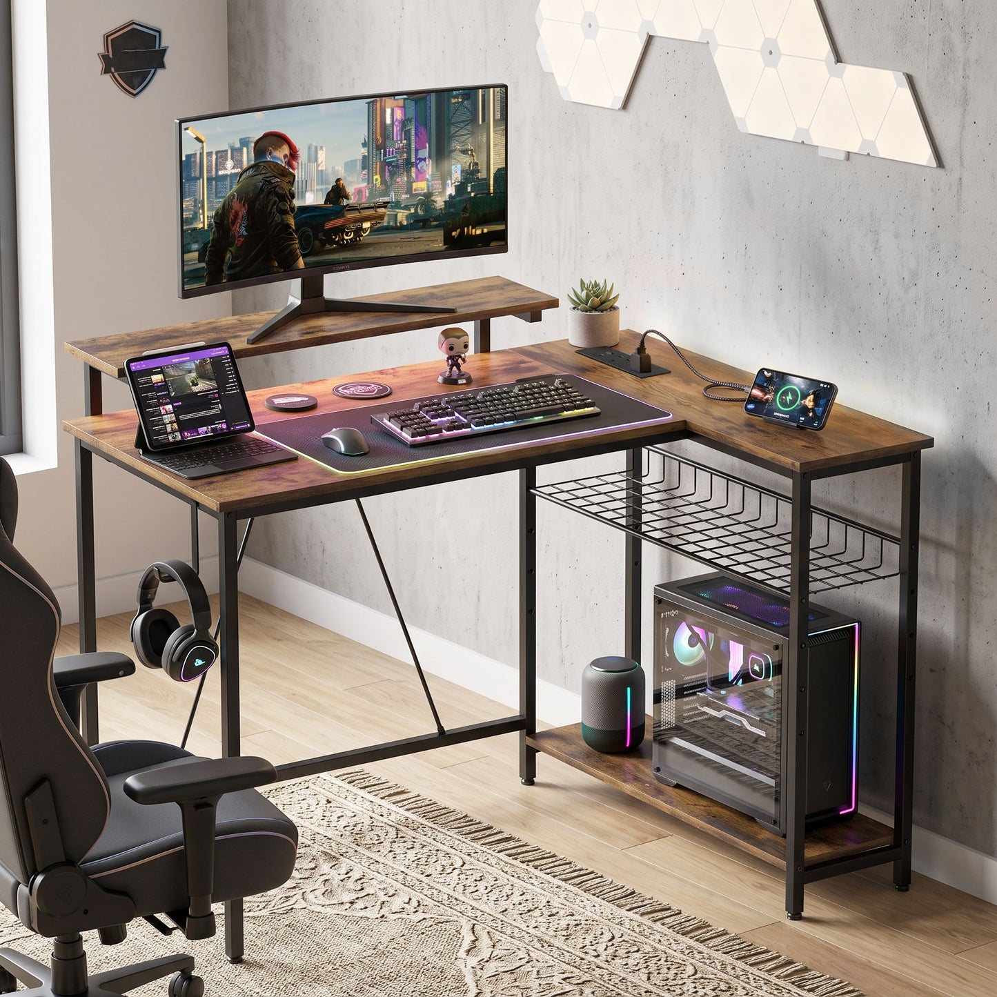 HOMCOM Reversible 'L' LED Light Gaming/Work Desk - Rustic Brown