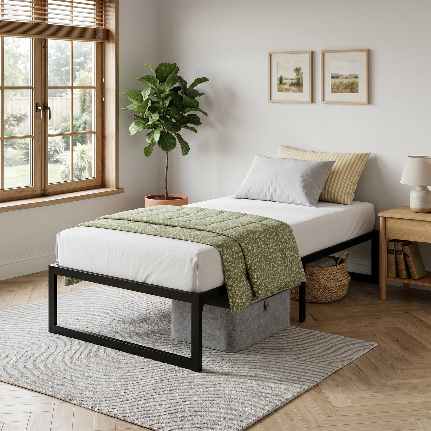 HOMCOM 3ft Single Bed Frame with Underbed Storage and Steel Slat Support, 32.5 cm Height, Noise-Free, Black