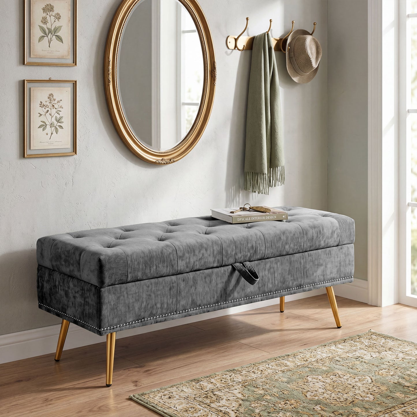 HOMCOM Storage Ottoman, Chenille Upholstered Ottoman Storage Box with Padded Seat, Metal Legs, 114 x 41 x 45 cm, Grey