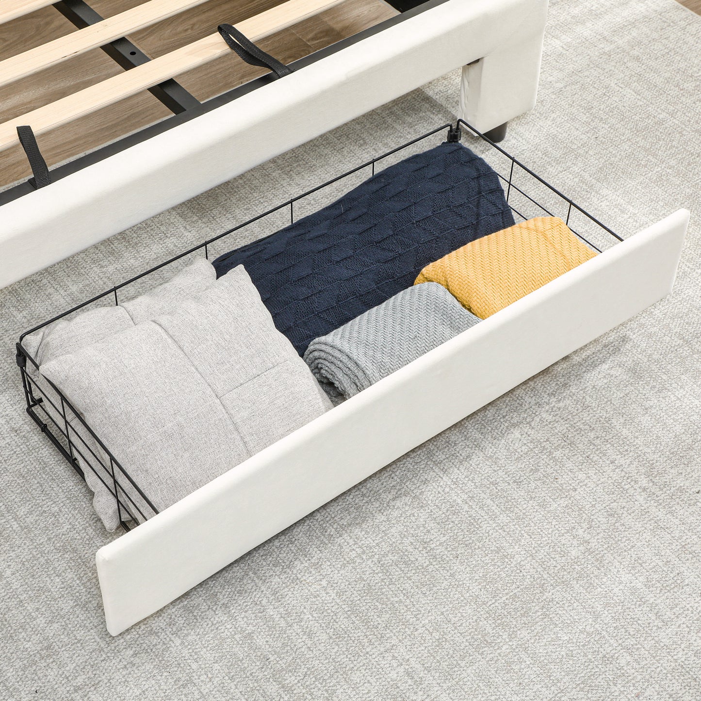 HOMCOM Double Ottoman Bed Frame, with Front Drawer Cream