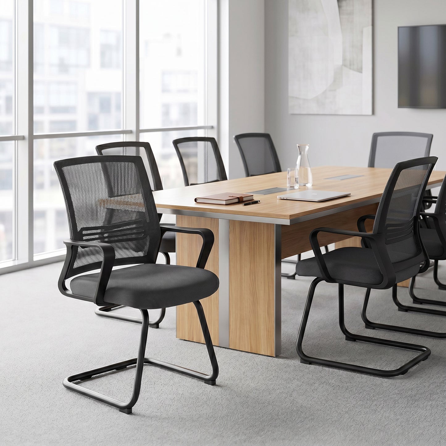 HOMCOM Padded Meeting Office Chair, Ergonomic Desk Chair No Wheels with Sled Base for Bedroom, Waiting, Reception, Dark Grey