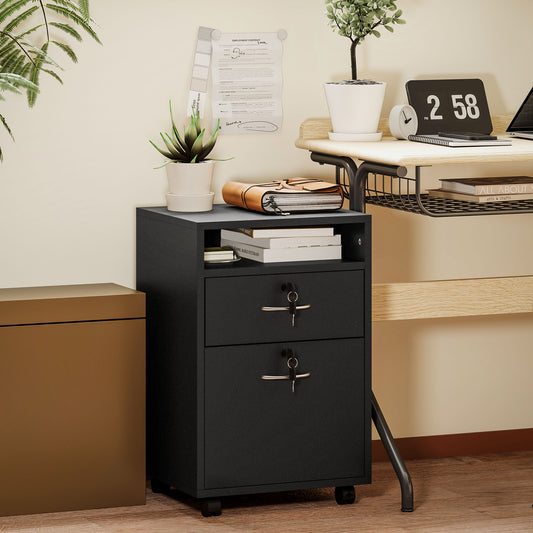 HOMCOM Filing Cabinet, Mobile File Cabinet with 2 Lockable Drawers, Office Home Organiser on Wheels for A4, Letter-Size File Folders, Mobile Printer with Open Shelf, Black