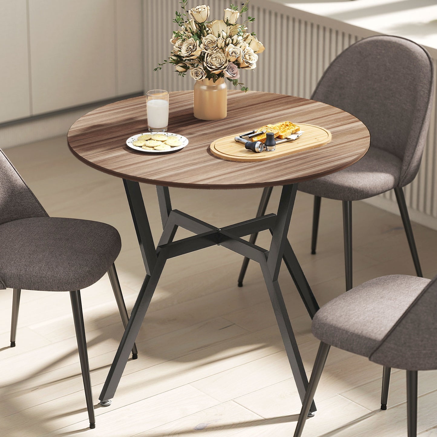 HOMCOM Dining Table, Round Kitchen Table with Black Legs, Anti-slip Foot Pads for Living Room, Dining Room 90 x 76 cm, Brown