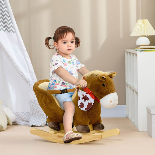 HOMCOM Kids Rocking Horse, with Secure Harness, Sounds, Foot Pedals - Brown