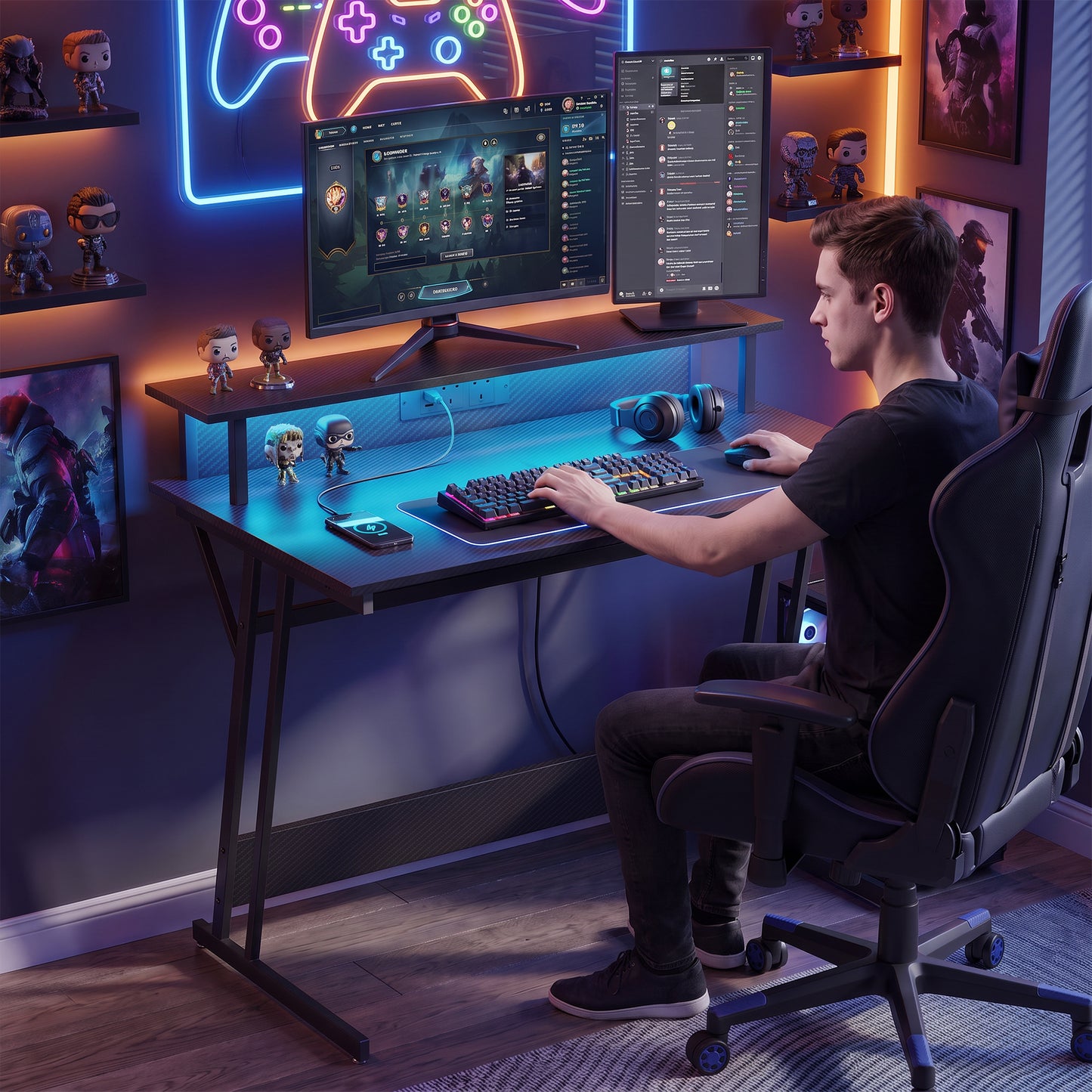 HOMCOM Two-Level LED Gaming Desk - Black