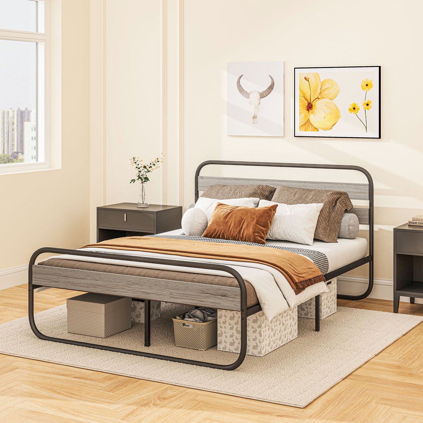 HOMCOM 4ft6 Double Bed Frame, Industrial Style Metal Platform Bed Frame with Under Bed Storage, No Box Spring Needed, Easy Assembly, Grey