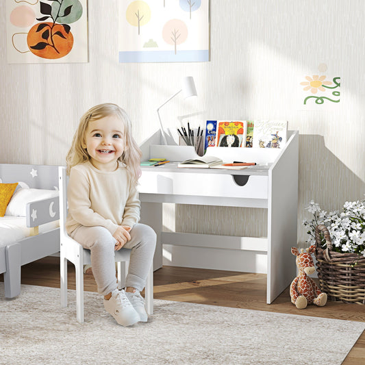 AIYAPLAY Children Study Table and Chair, Kids Desk and Chair Set with Storage, Pull-Out Drawer, for Ages 3-6 Years, Grey