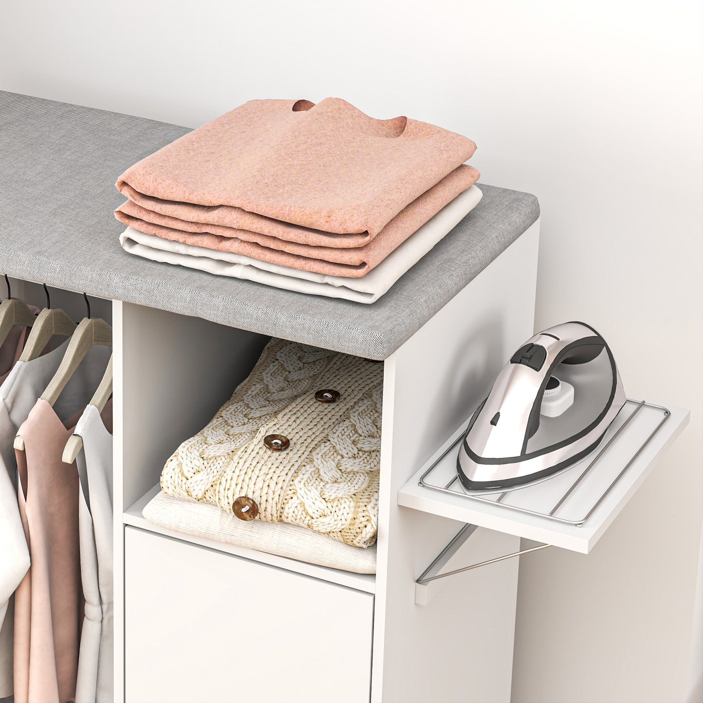 HOMCOM Rolling Ironing Board Cabinet, Foldable Ironing Station with Storage, Wheels for Home, Laundry Room, White