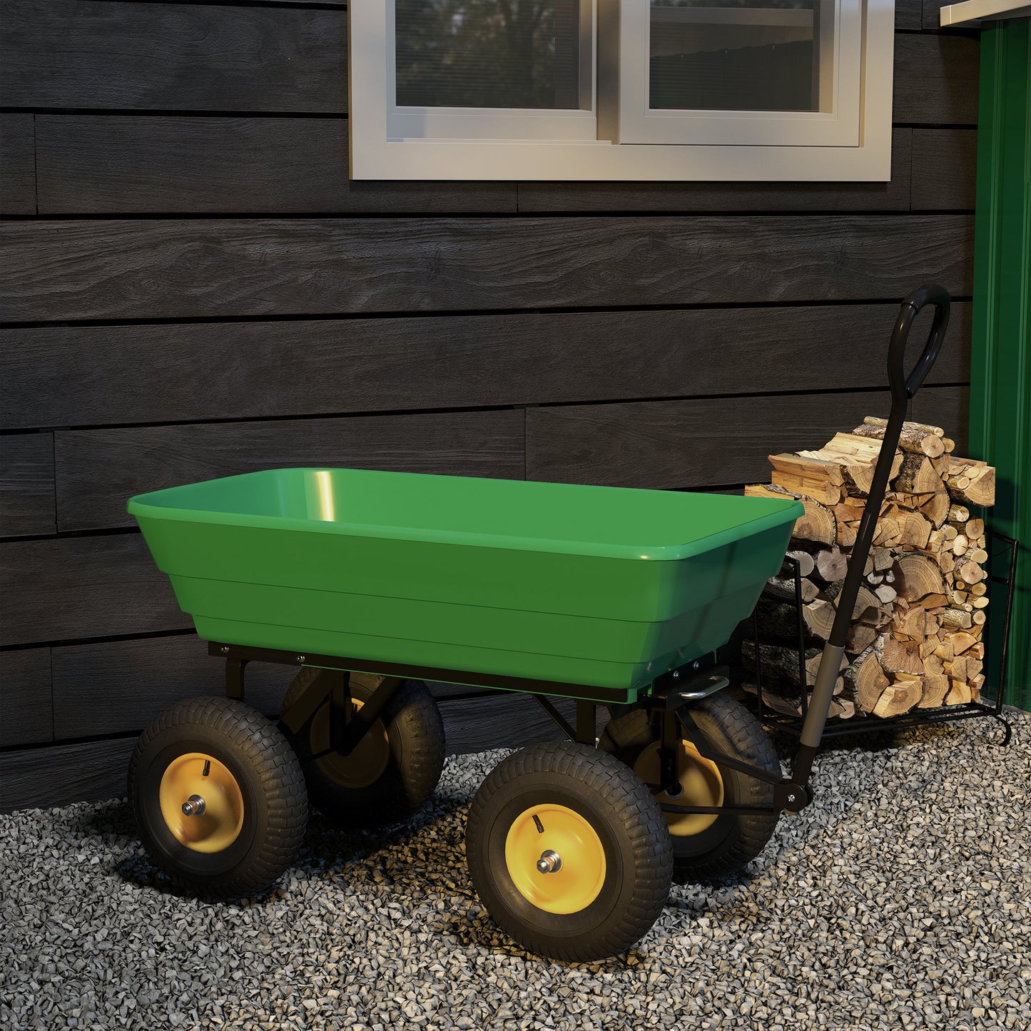 Outsunny 75 Litre Large Garden Cart, Tipping Wheelbarrows Heavy Duty Garden Dump Trolley 200kg Capacity for Festivals, Tools, Plants, Logs - Green