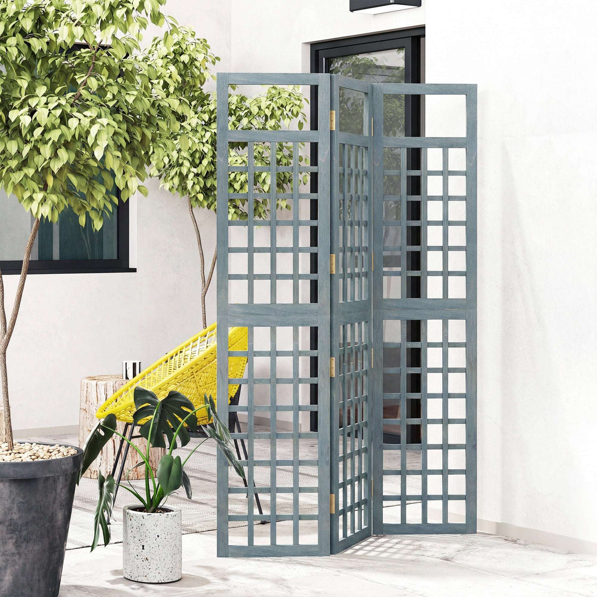 Outsunny 3-Panel Garden Privacy Screen, Freestanding Foldable Wooden Outdoor Divider/Trellis, Decorative Privacy Screen, Grey