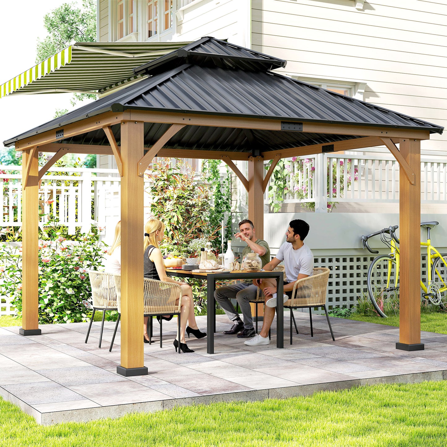 Outsunny 3.5 x 3.5m Outdoor Hardtop Gazebo Canopy with Two-tier Metal Roof and Solid Wood Frame Outdoor Patio Shelter for Patio, Garden, Black