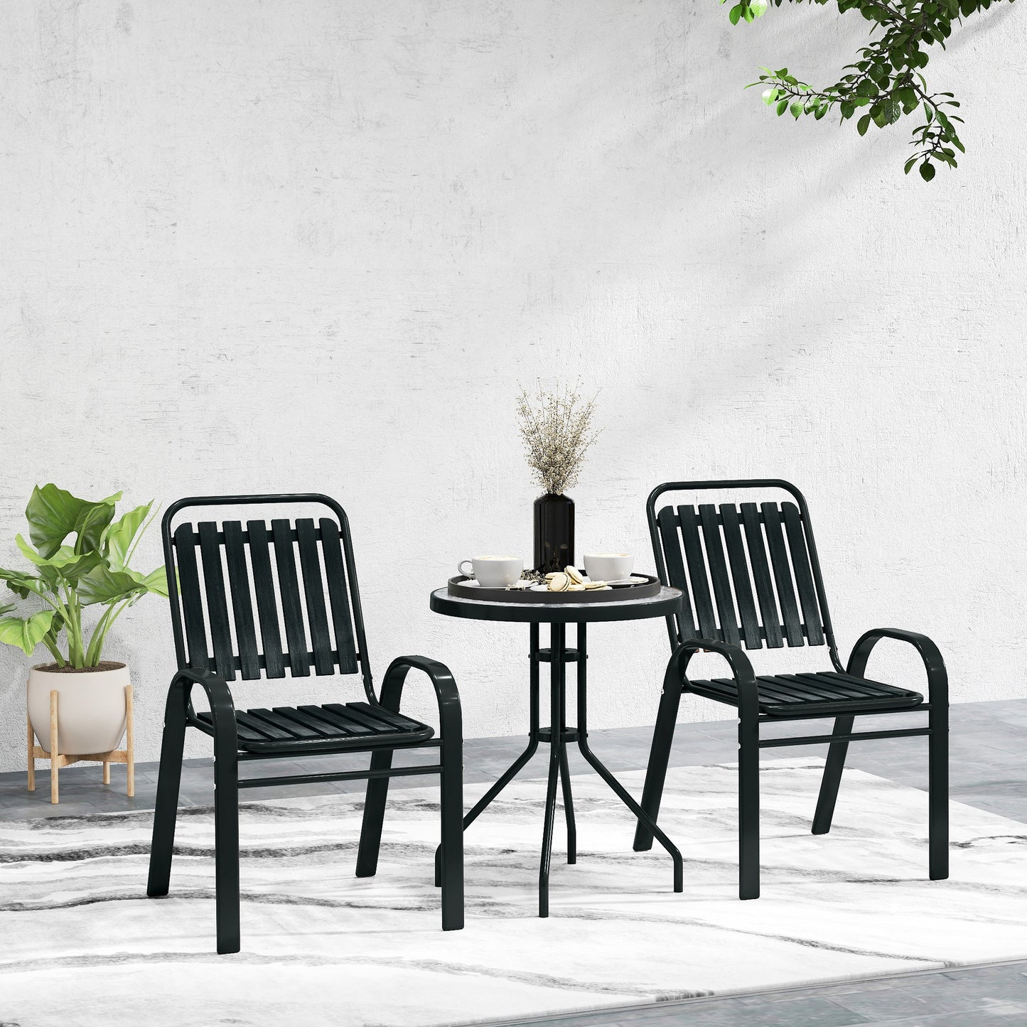 Outsunny 3 Pieces Patio Bistro Set with Stackable Chairs, Tempered Glass Table, for Outdoor, Balcony, Patio, Garden Charcoal Grey