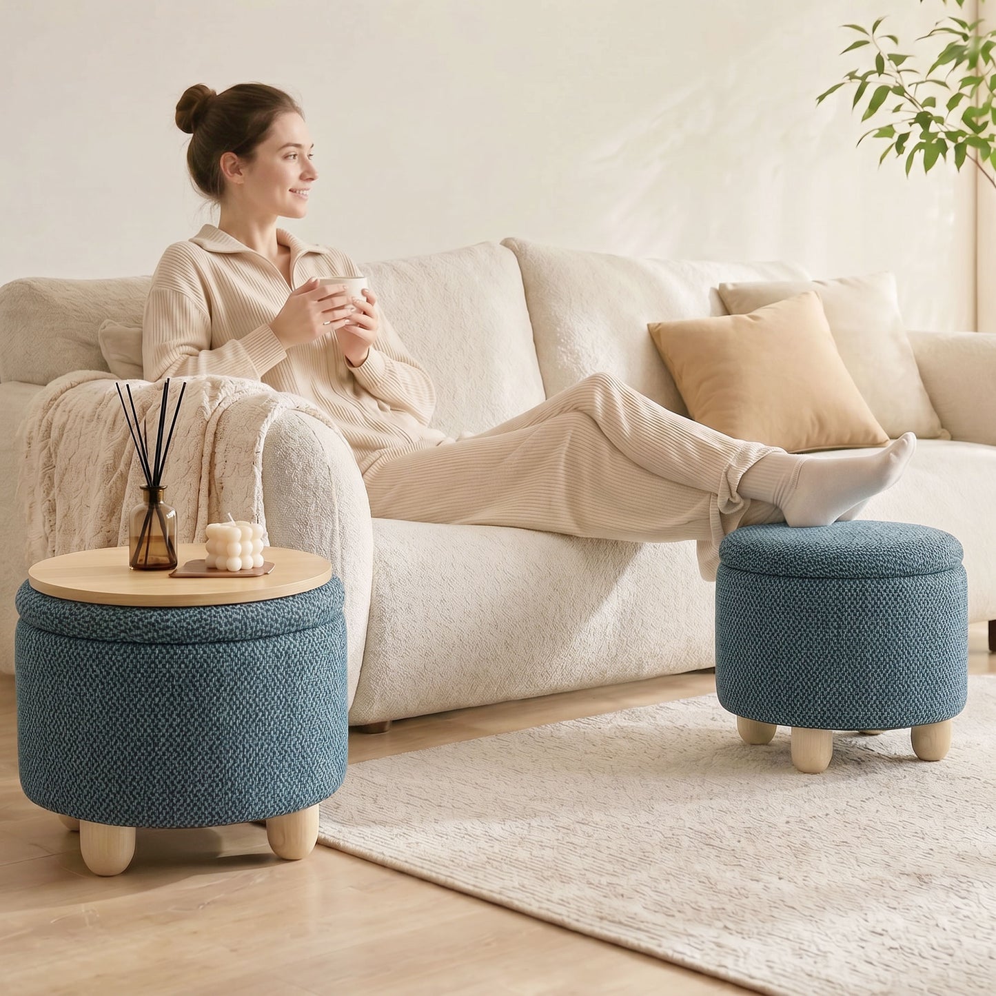 HOMCOM Storage Sitting Bench with Lid, Round Storage Ottoman with Rubberwood Legs, Dark Blue