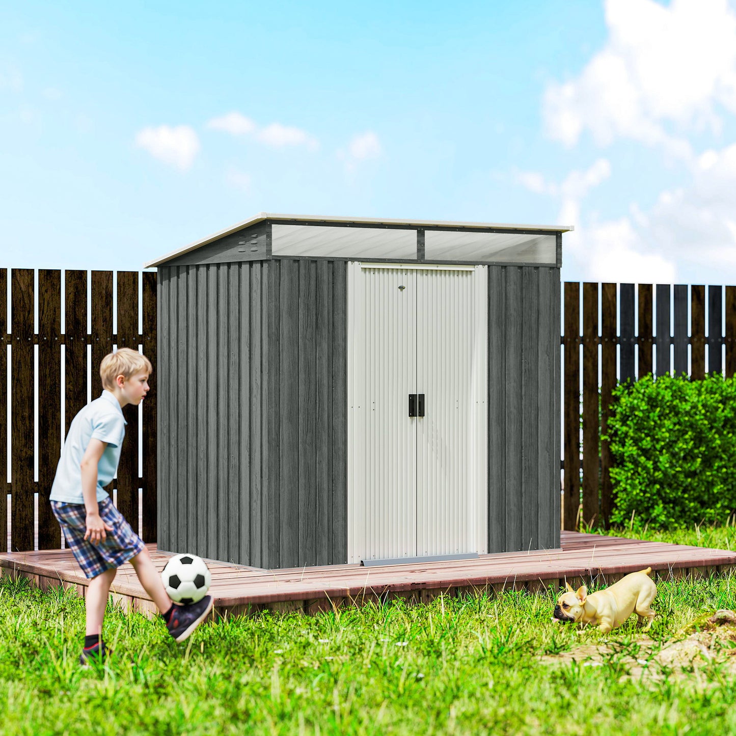 Outsunny 6.5 x 4FT Galvanised Metal Shed with Foundation Kit, Lockable Tool Garden Shed with Double Sliding Doors, Vents, Light Grey Wood Effect