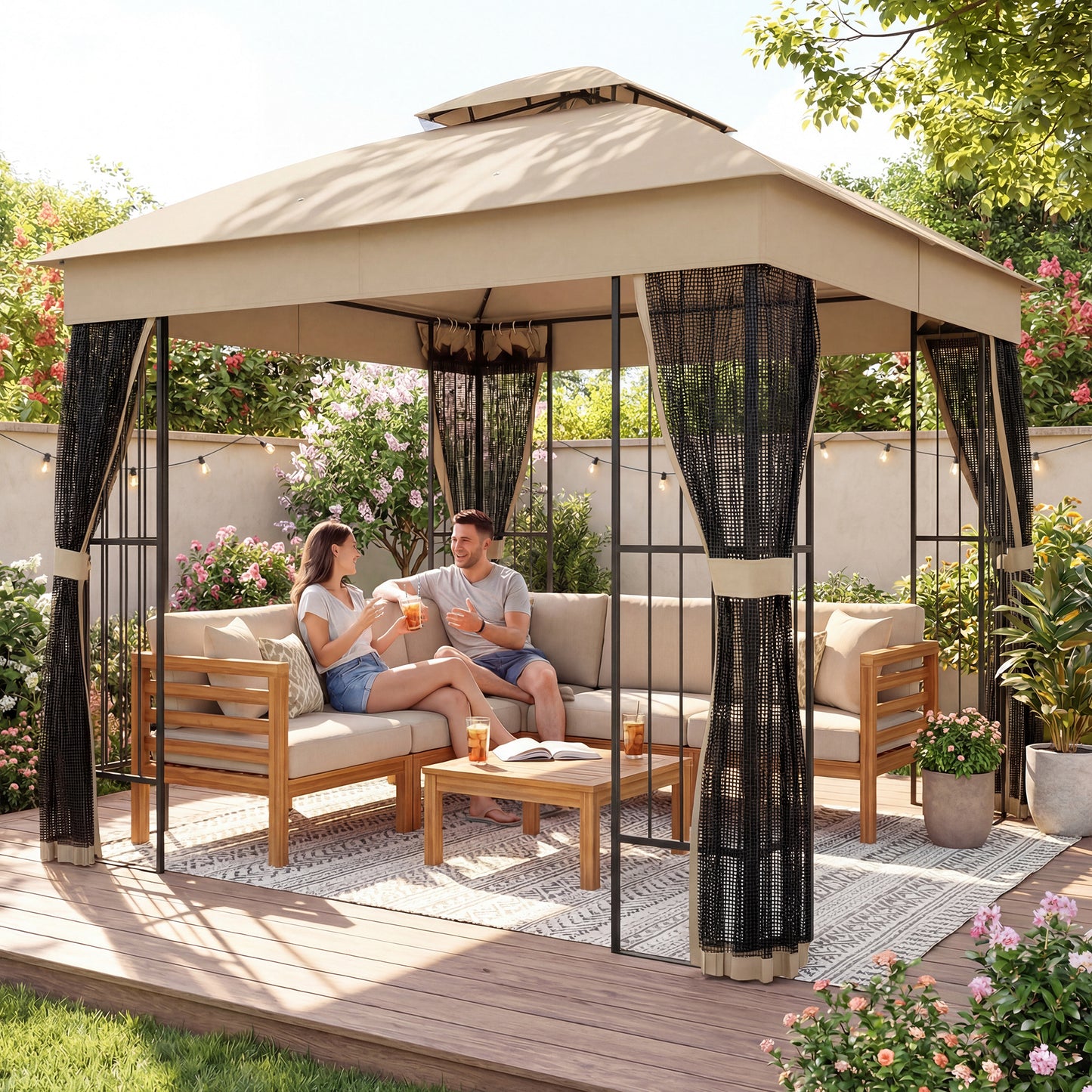 Outsunny 3 x 3 m Outdoor Garden Gazebo with Post Shelves, UPF50+ Double Roof Patio Permanent Pavilion, Brown