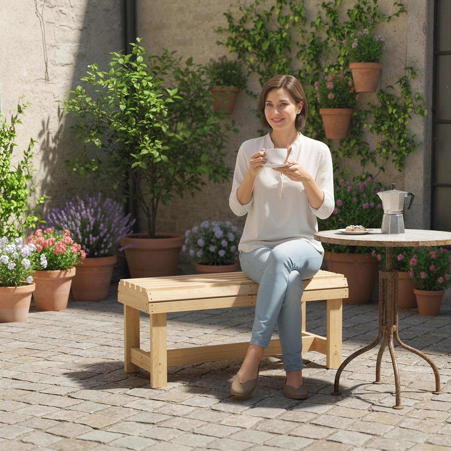Outsunny Wooden Outdoor Bench, 2 Seater Garden Bench, Backless Patio Bench with Slatted Curved Seat, Natural Wood Finish