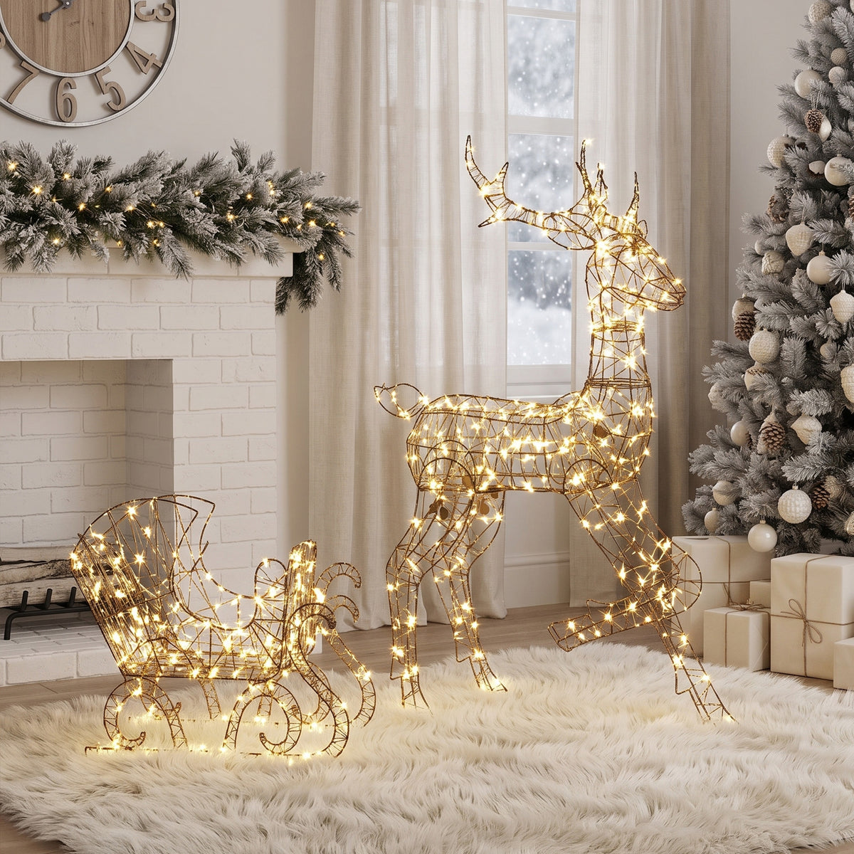 Outsunny Lighted Reindeer and Sleigh Set, 2-Piece PP Rattan Outdoor Christmas Decoration with LEDs, 8 Modes, Daily Timer