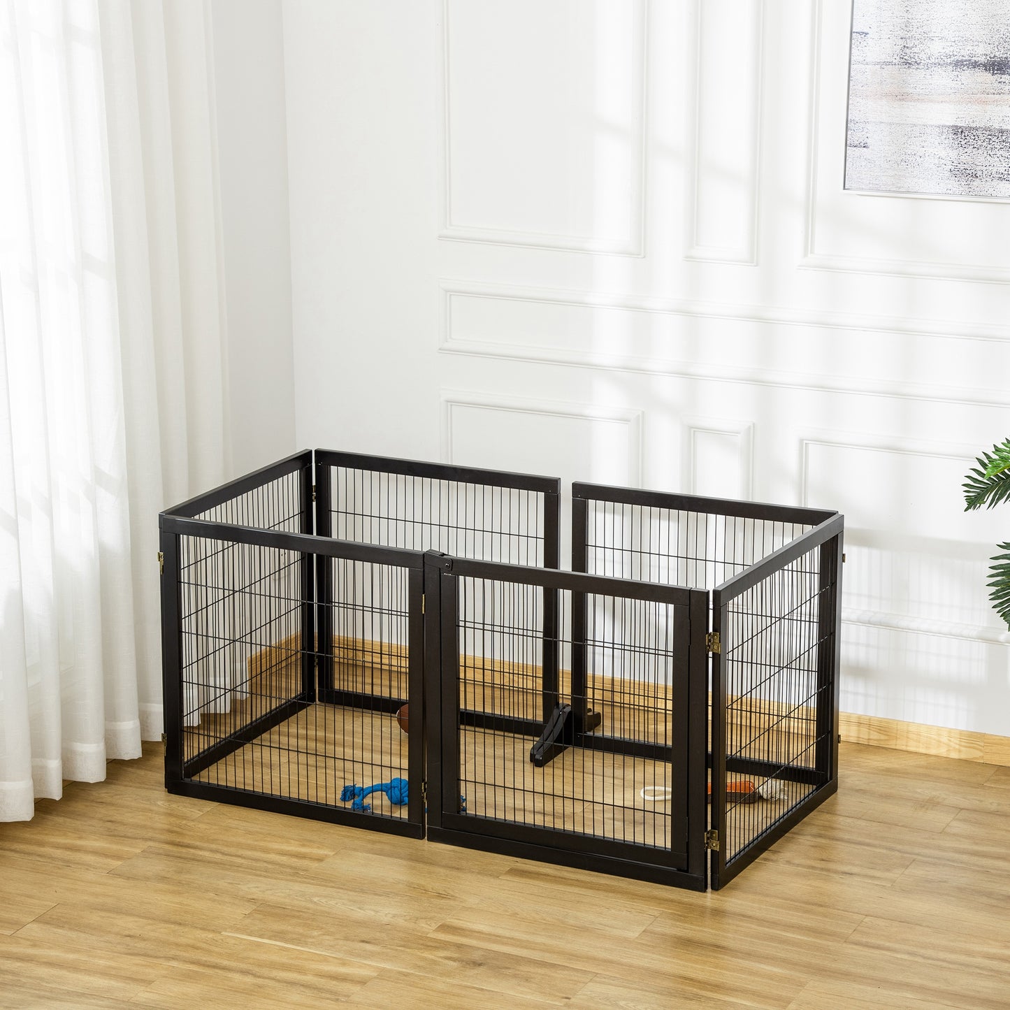 PawHut Wooden Pet Gate, Freestanding Dog Security Barrier with Two Support Feet - Black