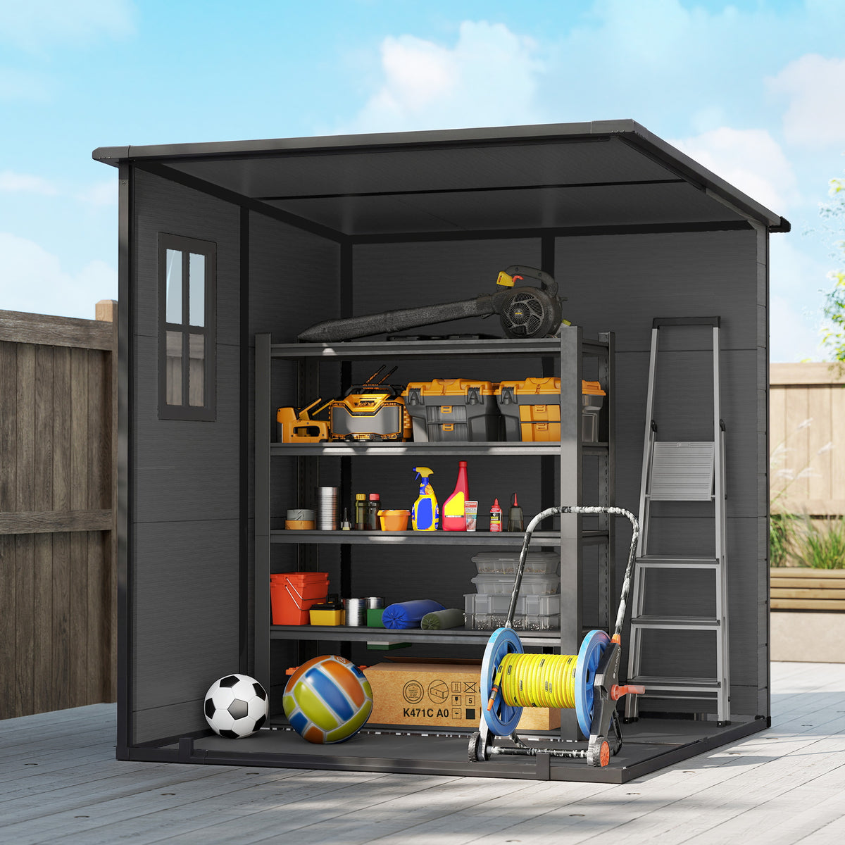 Outsunny 6 x 6 ft Plastic Garden Shed, Wood-Effect Outdoor Storage Shed with Floor, Windows, Lockable Doors and Vents, Dark Grey