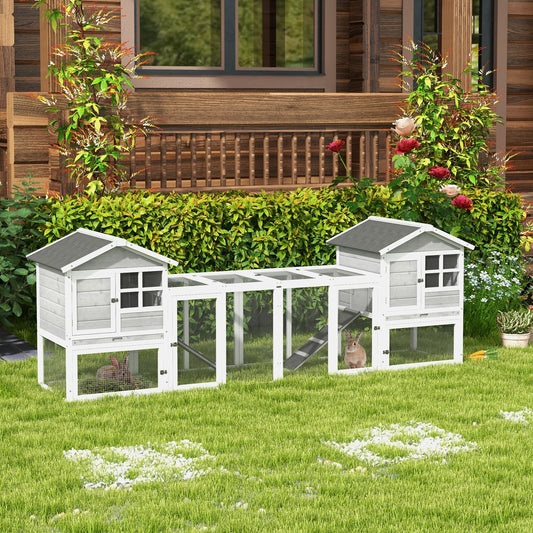 PawHut 2 in 1 Rabbit Hutch Outdoor Guinea Pig Hutch Bunny Run Double Main House with Run, No-Leak Tray 259 x 64 x 92cm, Grey