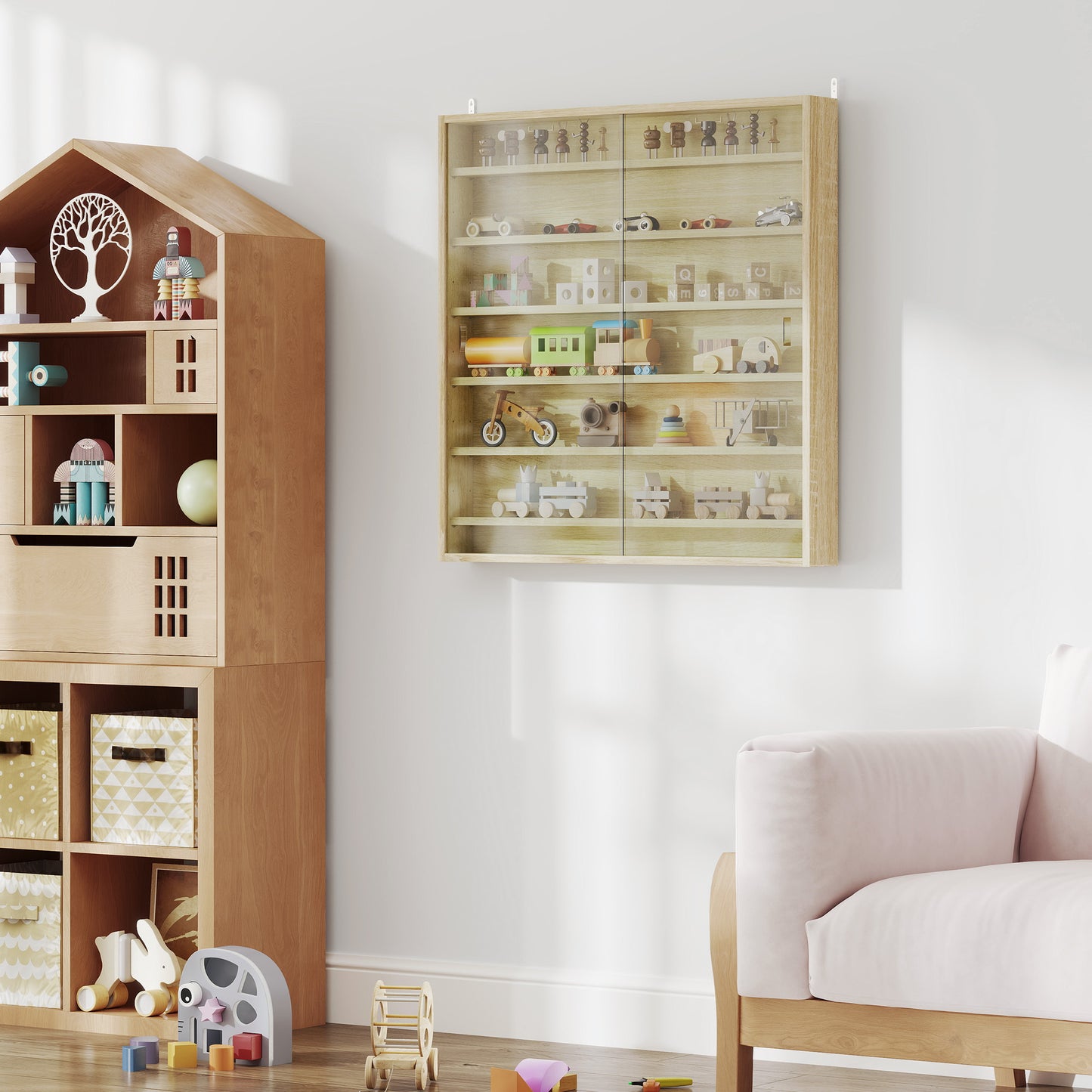HOMCOM Six Shelf Display Cabinet, with Glass Doors - Oak