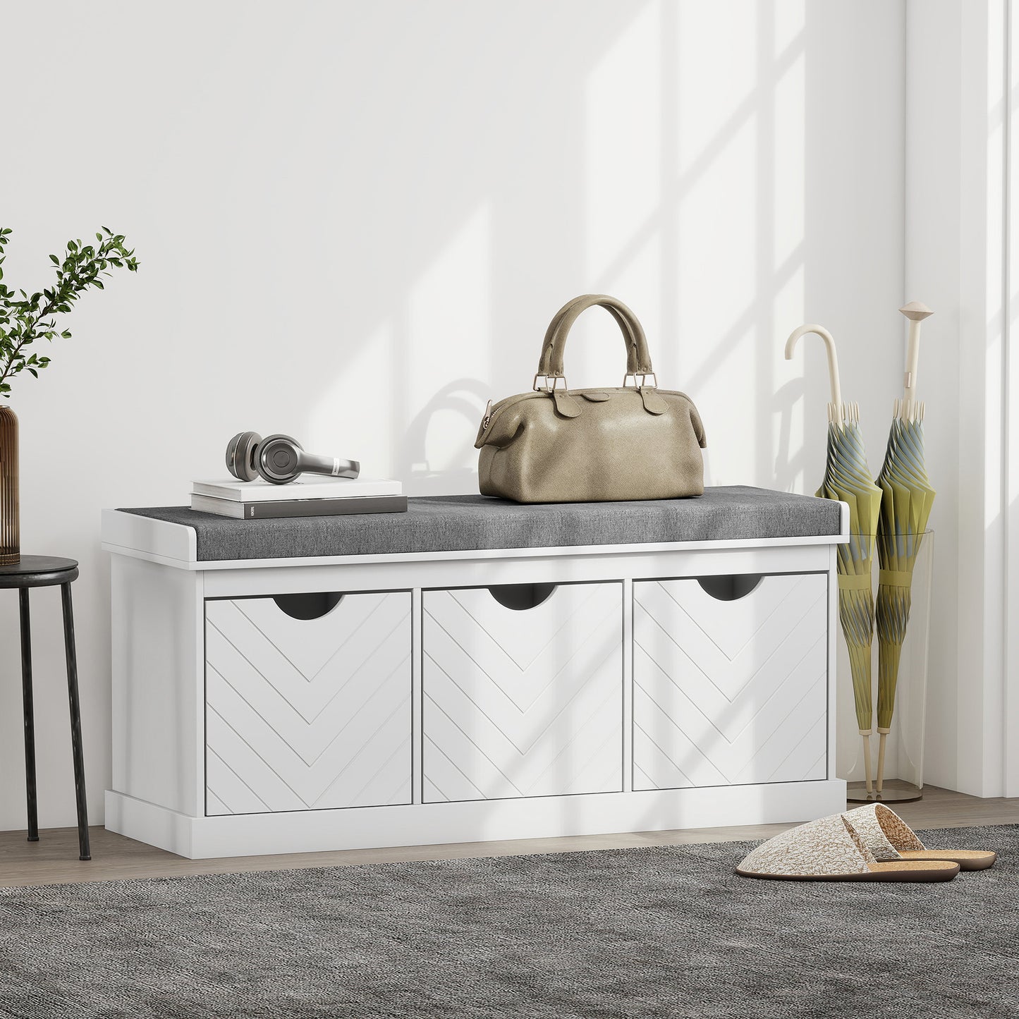 HOMCOM 3-Drawer Padded Shoe Bench with Breathable & Washable Linen-look Cover, White