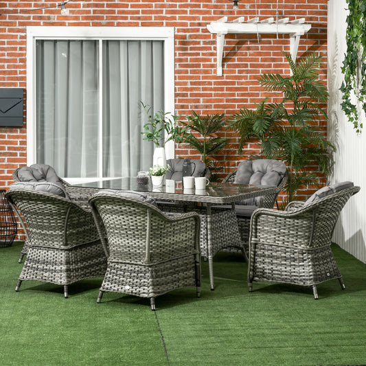 Outsunny Seven-Piece Rattan Dining Set with Tempered Glass Table Top and Parasol Hole - Grey