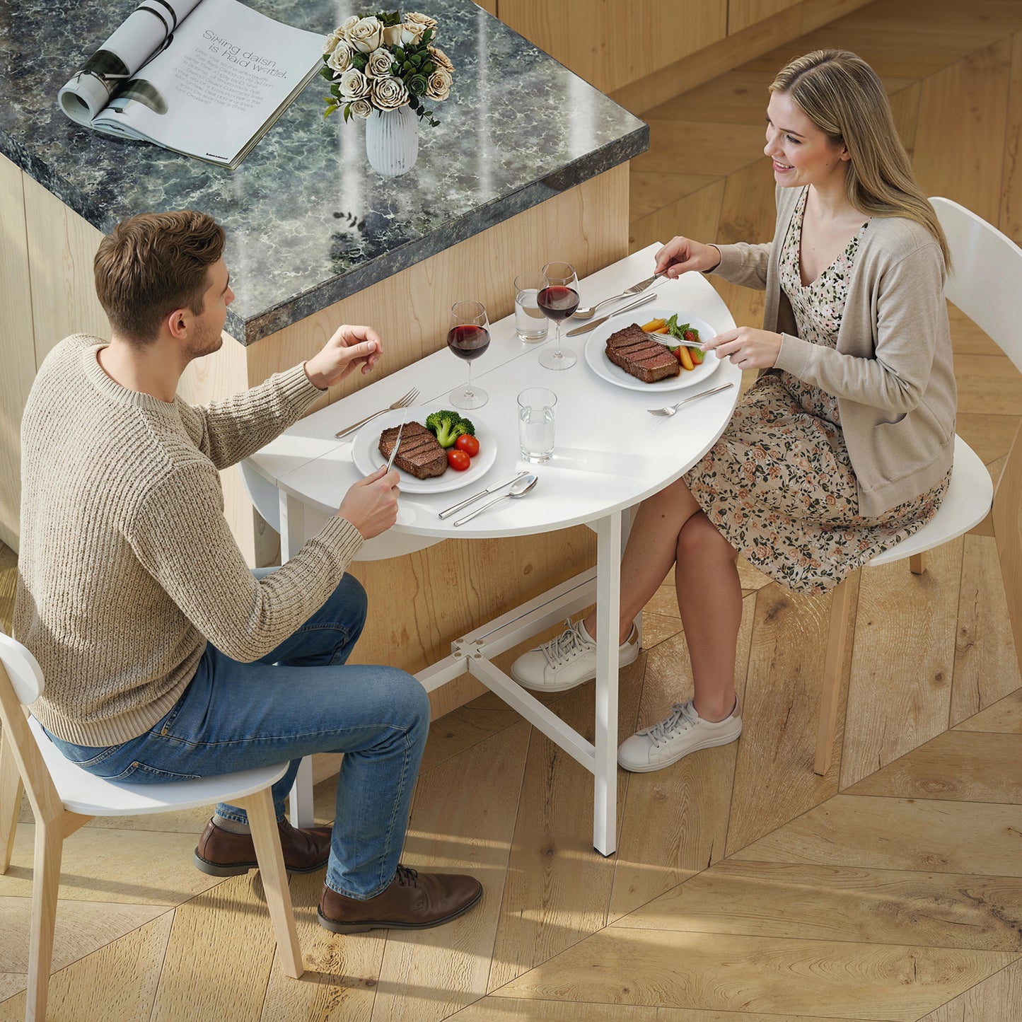 HOMCOM Collapsible Drop Leaf Table, Folding Dining Table for Small Spaces, Extendable Kitchen Table with Steel Frame, White