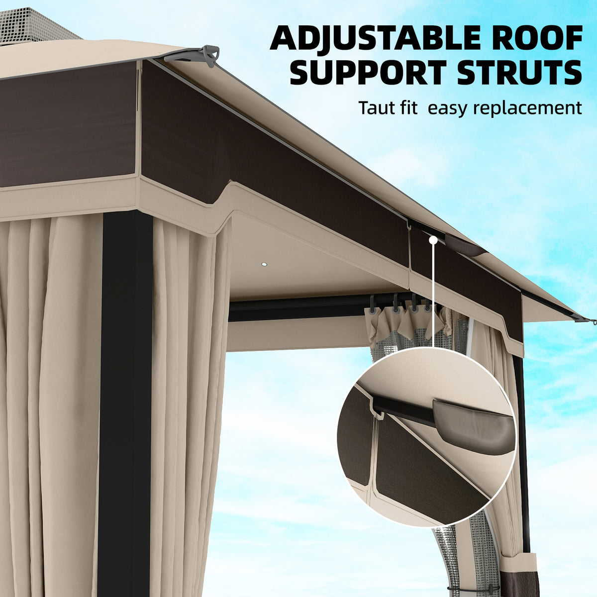 Outsunny 3 x 3.6 m Outdoor Garden Gazebo with Netting and Curtains, Double Roof Patio Gazebo Permanent Pavilion, Khaki