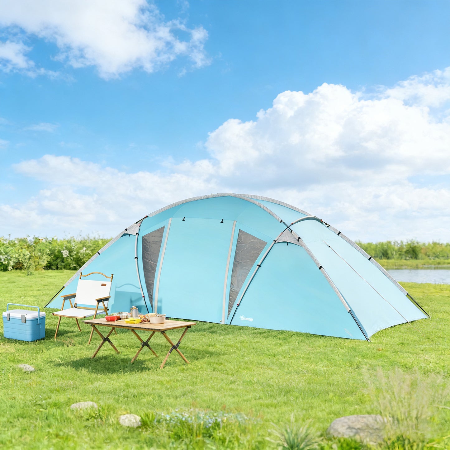 Outsunny 4-6 Man Family Camping Tent w/ 2 Bedrooms and a Living Room, Waterproof Tunnel Tent w/ Sewn In Groundsheet, Doors, Windows, Carry Bag, Blue