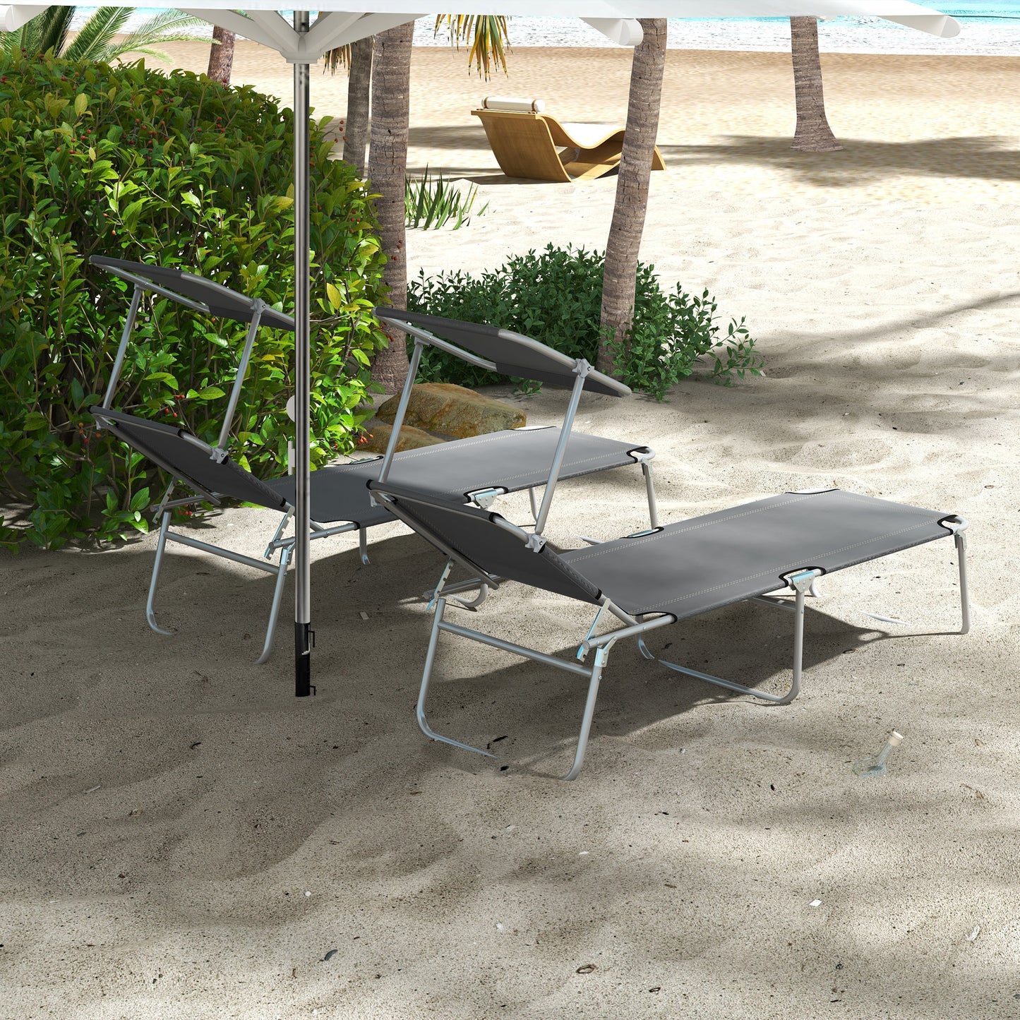 Outsunny Folding Sun Lounger Set of 2 with Canopy, Reclining Sunbed with 4-Position Adjustable Backrest, 600D Oxford Cloth, Portable Garden Lounger Recliner Chair for Beach, Camping, Patio, Grey