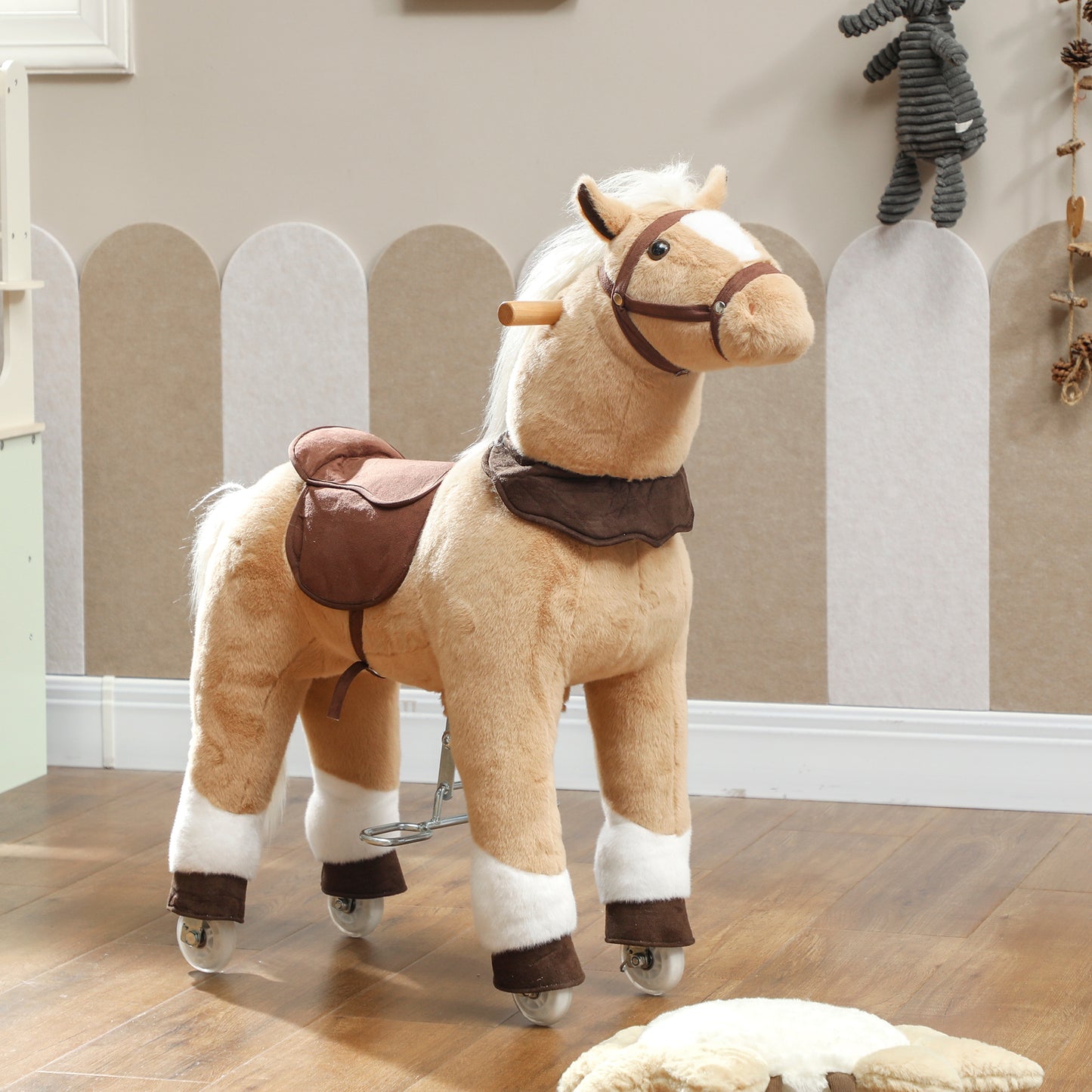 AIYAPLAY Rocking Horse, Plush Ride On Horse with Rolling Wheels & Saddle, Ride On Pony Toy for Kids 3-5 Years, Up to 25kg, Brown