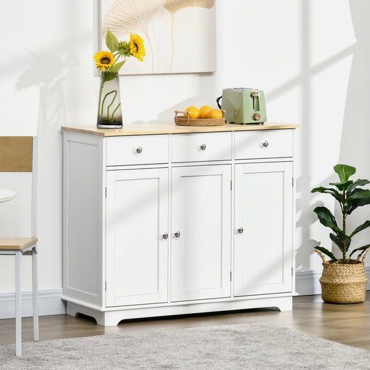 HOMCOM Sideboard with Rubber Wood Top, Modern Storage Cabinet with 3 Adjustable Shelves, White