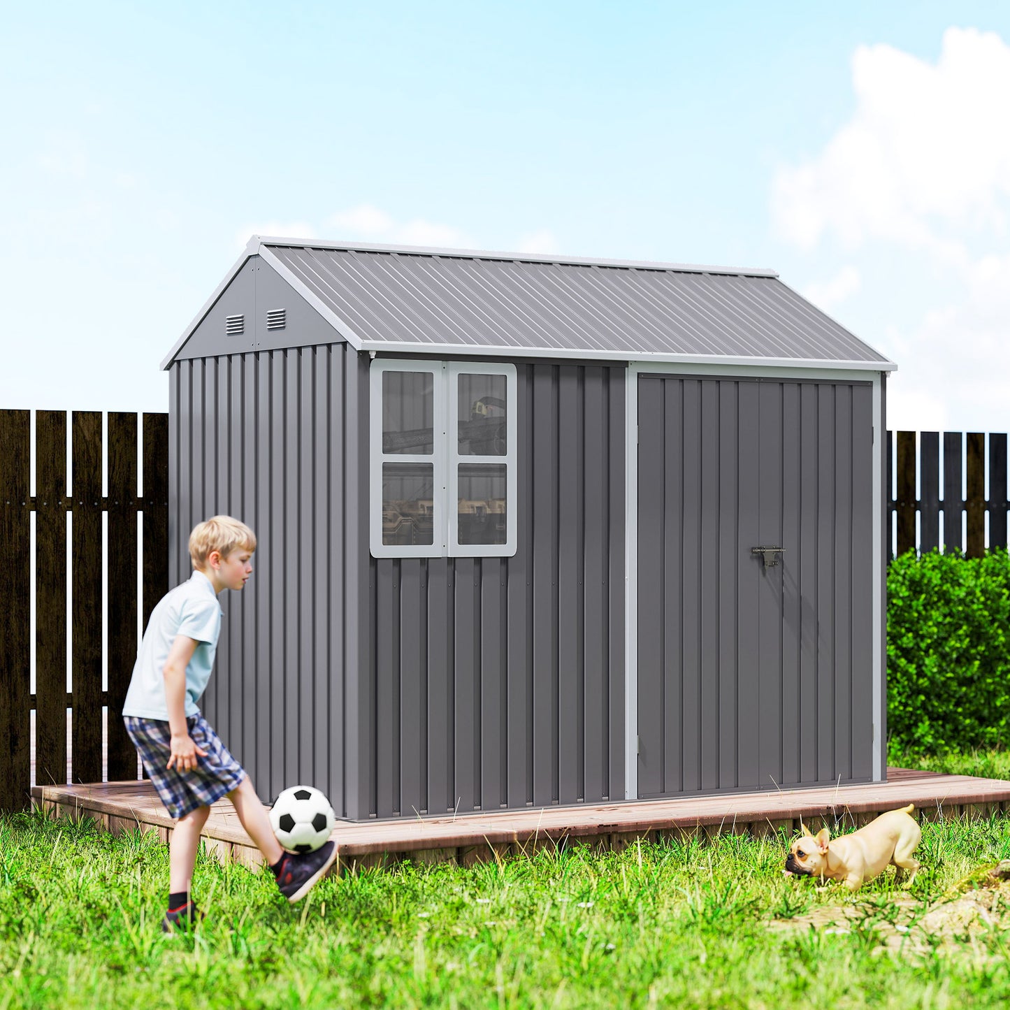 Outsunny 8 x 6 ft Galvanised Garden Shed, Outsoor Metal Storage Shed with Double Doors Window Air Vents, Grey