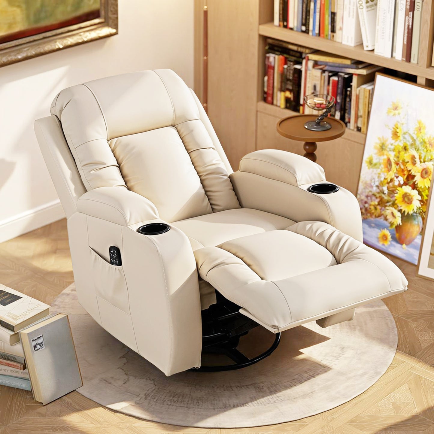 HOMCOM PU Leather Recliner Chair, Recliner Armchair with Extended Footrest, Cup Holders and Side Pockets, Cream