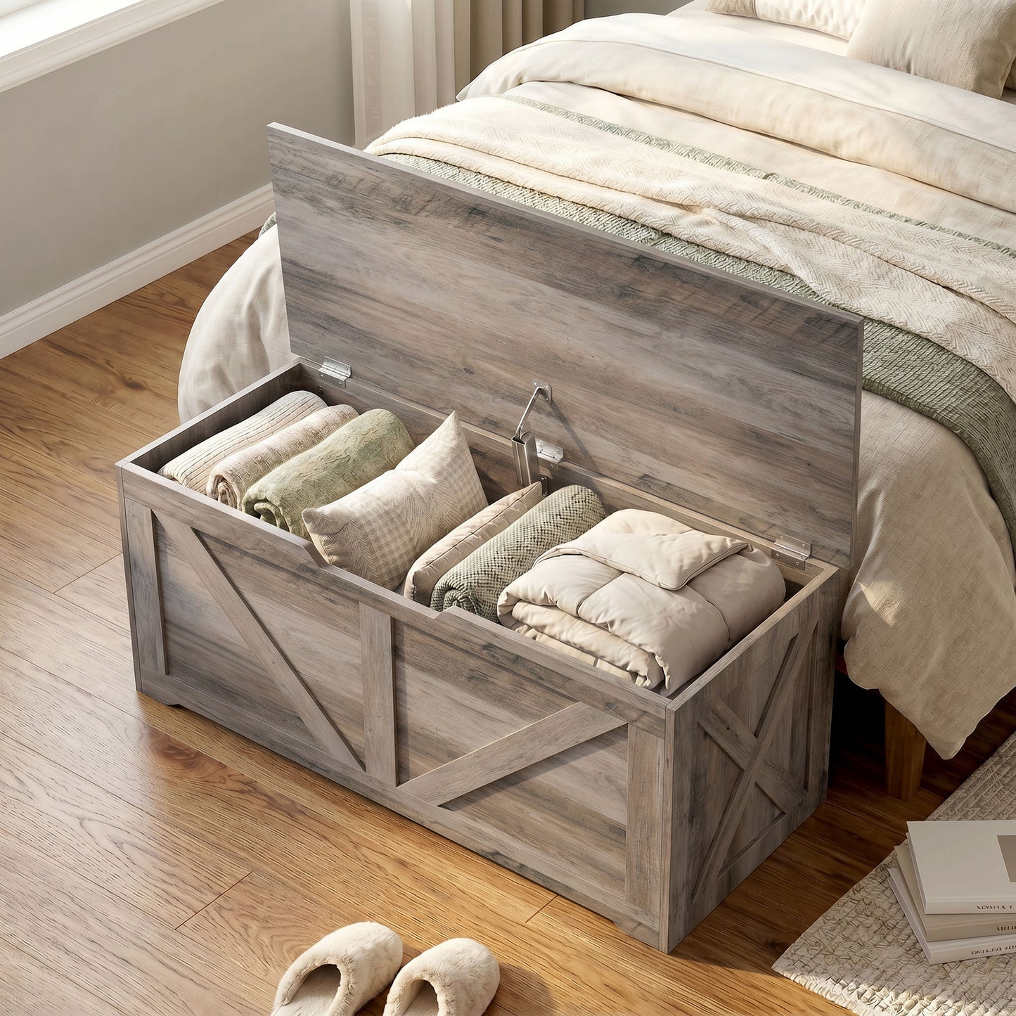 HOMCOM 100L Home Storage Box, with Safety Hinge - Grey Wood-Effect