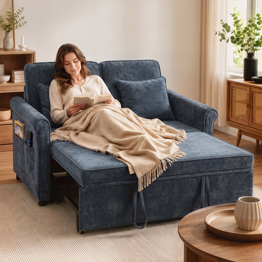 HOMCOM 2 Seater Sofa Bed 3-in-1 Convertible Chenille Pull Out Sleeper Sofa with 5-Position Adjustable Backrest, Dark Blue