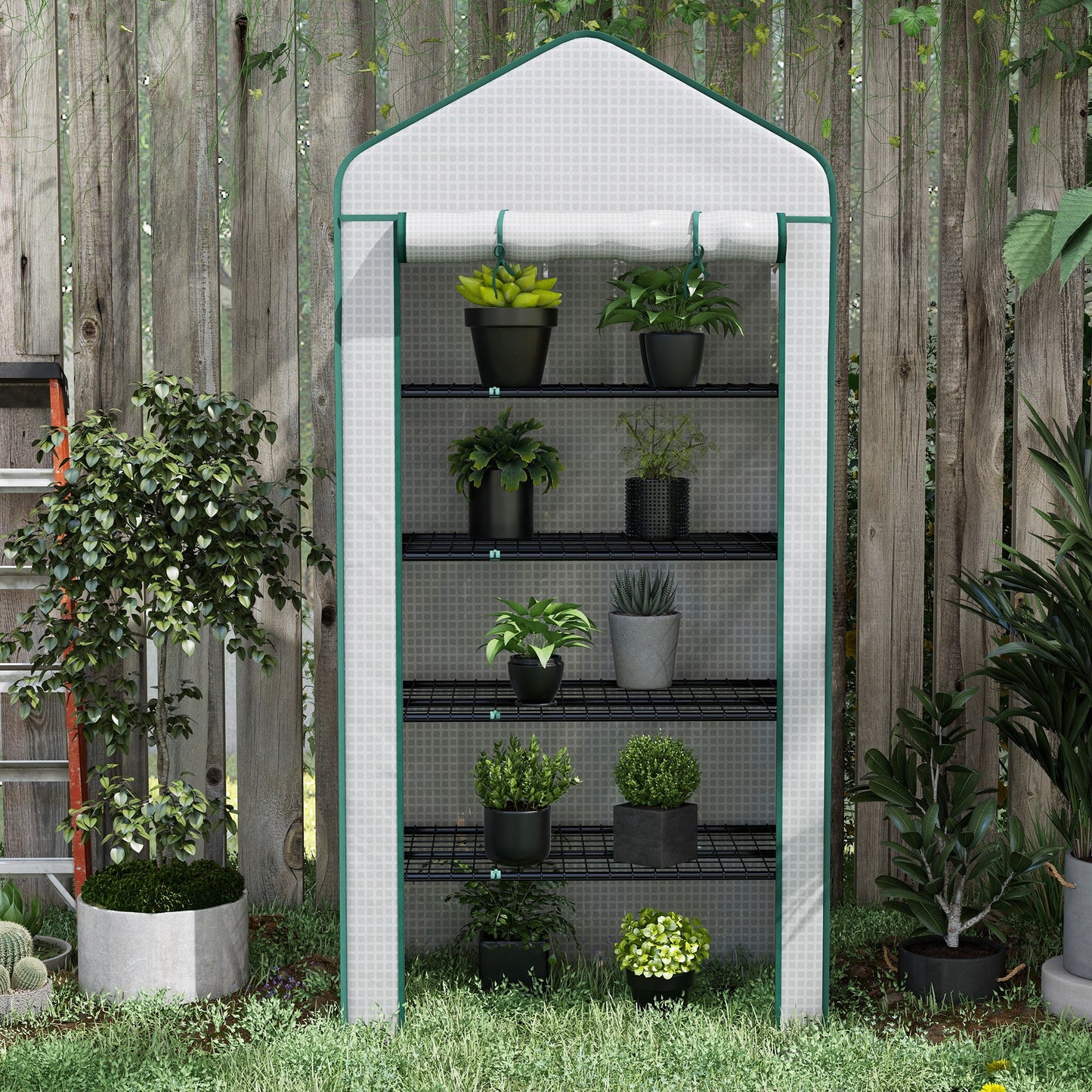 Outsunny 5 Tier Widened Mini Greenhouse with Reinforced PE Cover, Portable Indoor Outdoor Green House with Roll-up Door and Wire Shelves, 90 x 49 x 193cm, White