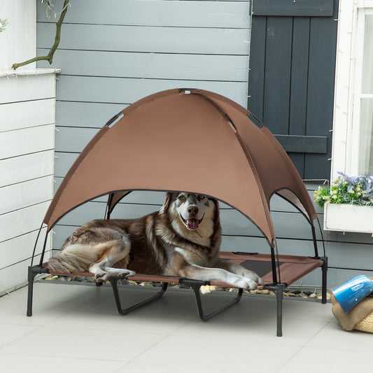 PawHut Outdoor Dog Bed with Removable Canopy, Portable Raised Dog Bed for Camping, Garden & Beach, Water-Resistant UV-Protection Mesh Pet Cot Sun Lounger, for XL Pets, 122 x 92 x 108 cm, Brown--ChewyGames-ChewyGames
