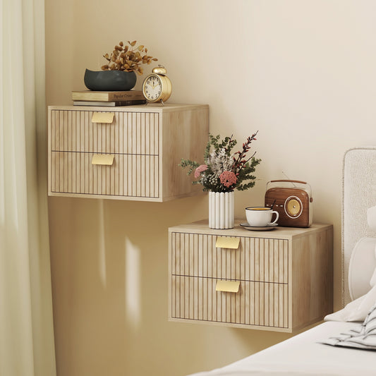 HOMCOM Modern Floating Nightstands Set of 2, Wall Mounted Bedside Tables with 2 Drawers, Oak