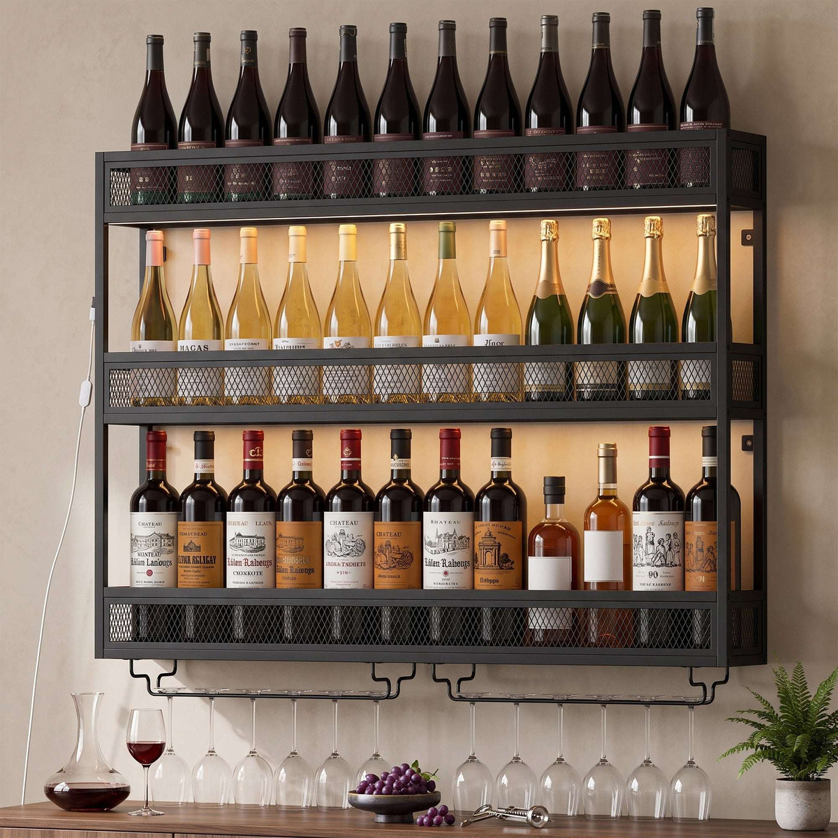 HOMCOM Wall-Mounted Wine Rack with LED Lights, Glass Holders, Open Shelf, Metal Storage Rack, Black