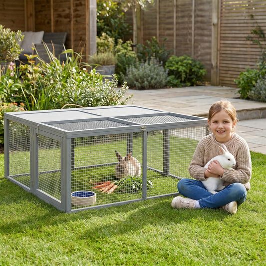 PawHut Wooden Folding Rabbit Hutch, for 2-3 Rabbits - Grey