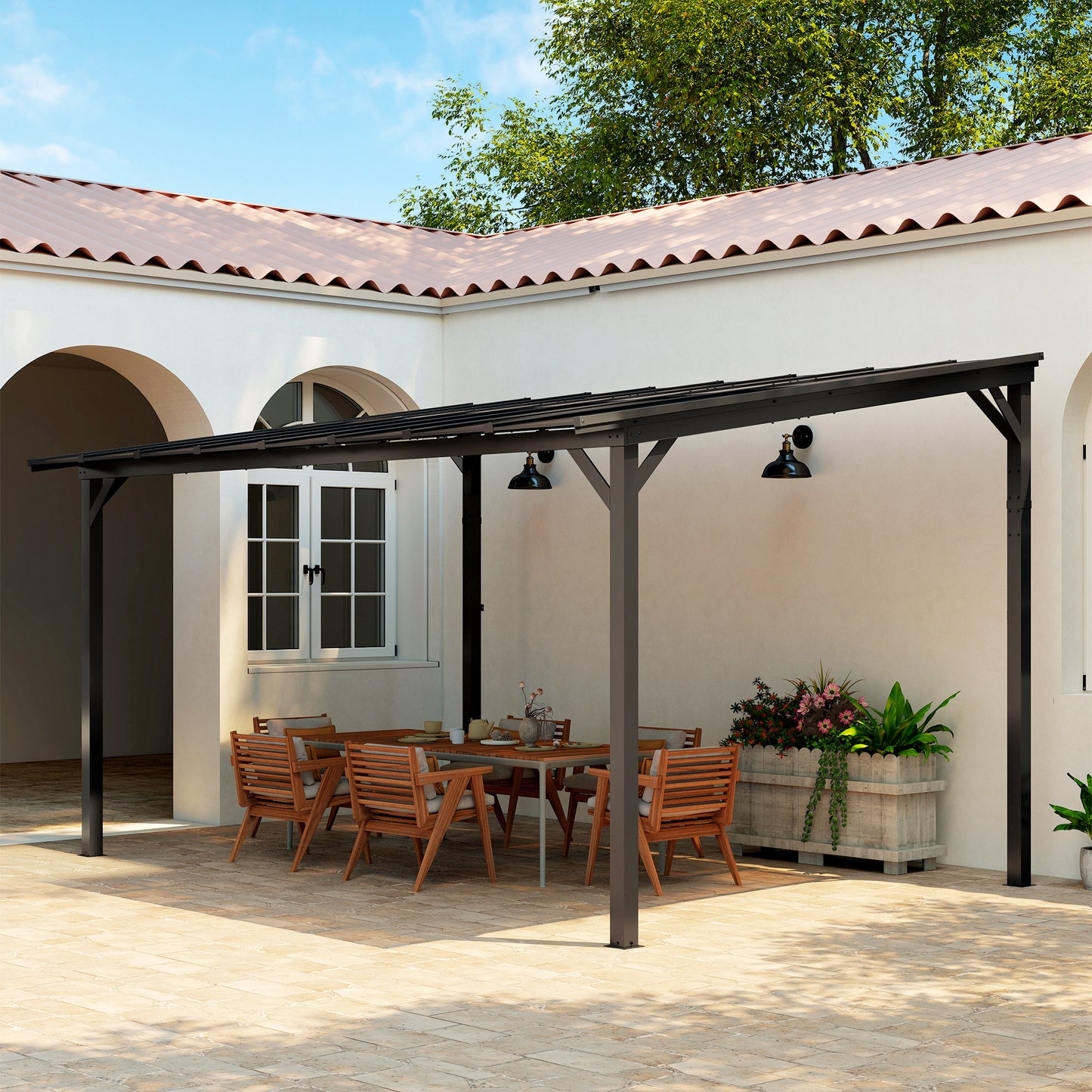 Outsunny 3 x 4.3 m Lean to Pergola with UPF 50+ Waterproof Polycarbonate Roof, Wall-Mounted or Free Standing Hardtop Roof Garden Metal Pergola Gazebo, Heavy Duty Outdoor Sun Shade, Dark Grey--ChewyGames-ChewyGames