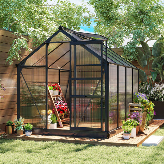 Outsunny 6 x 8ft Polycarbonate Greenhouse, Large Walk in Green House with Slide Door and Window, Garden Plants Grow House with Aluminium Frame and Foundation, Grey