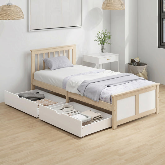 HOMCOM Pine Storage Bed, 3ft Single Solid Wooden Bed Frame with Drawers, Headboard, Wood Slat Support, Natural Wood Finish