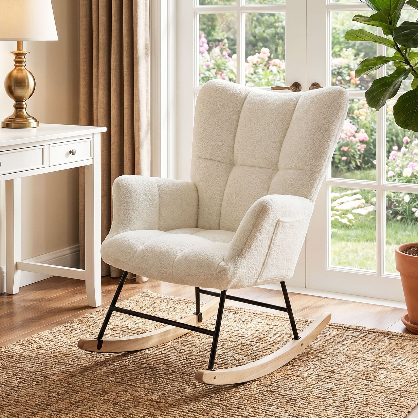 HOMCOM Rocking Chair, Teddy Fleece Rocker Chair with Tufted Wingback, Side Pockets, Rubber Wood Legs, Cream White