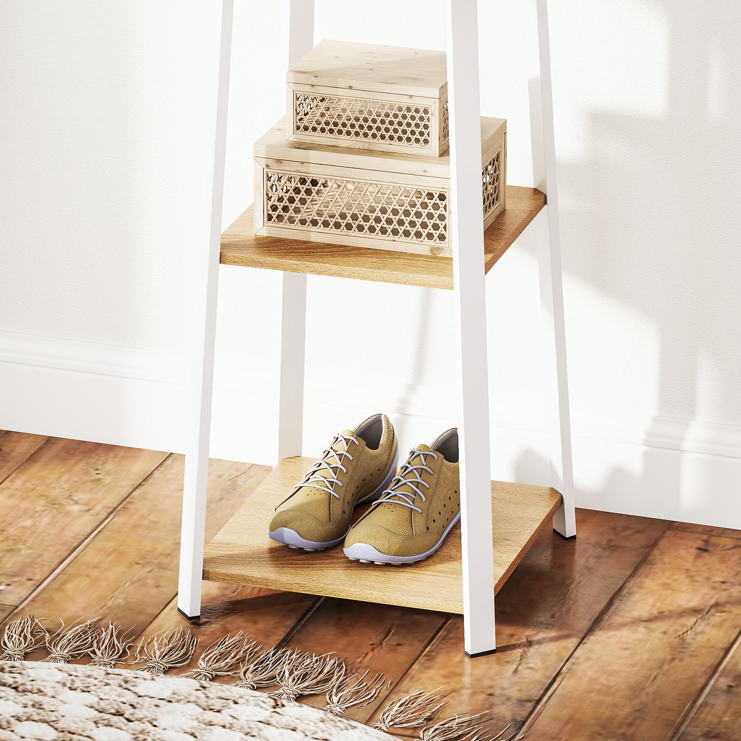HOMCOM Compact Freestanding Coat Rack - White/Oak