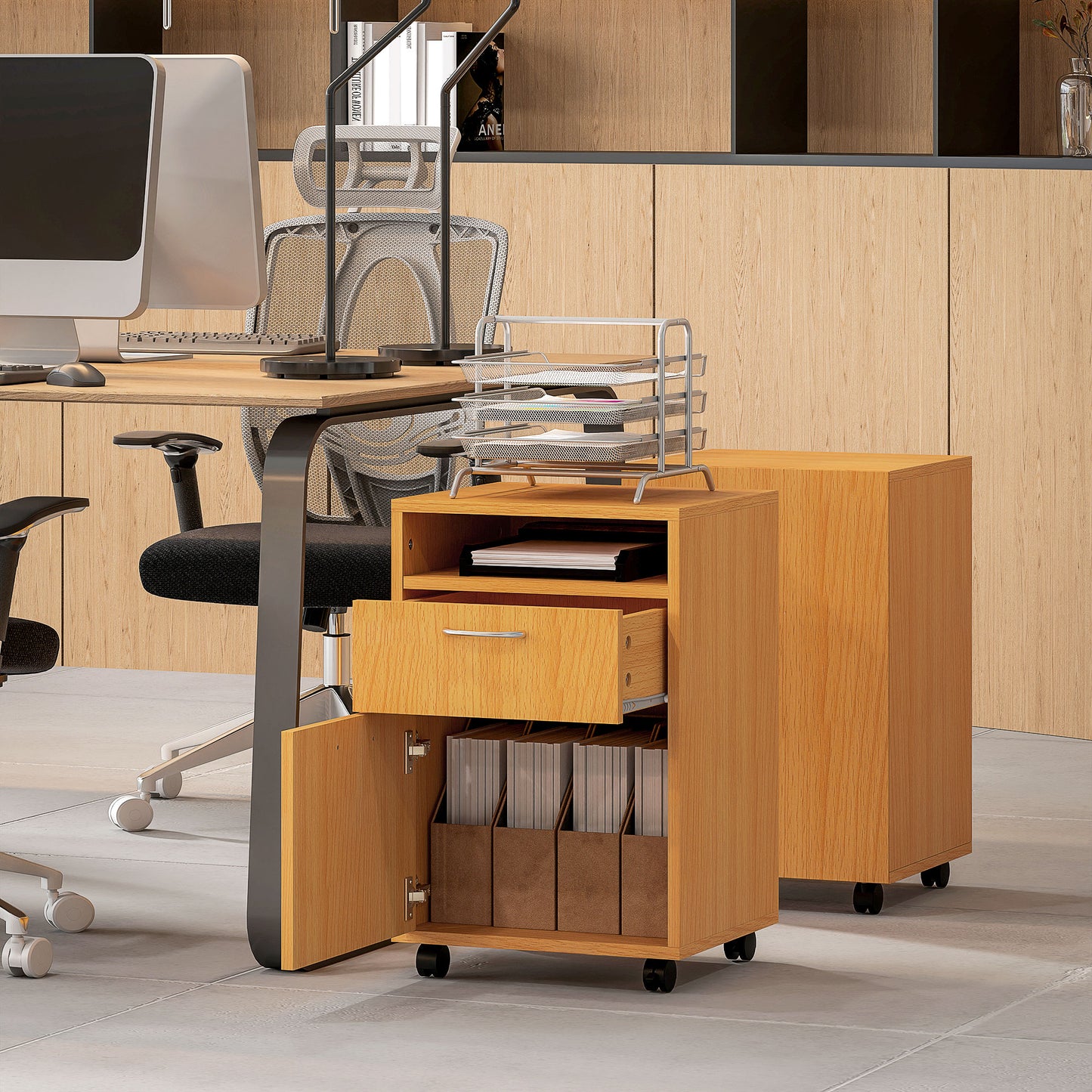HOMCOM Filing Cabinet, Mobile File Cabinet with 2 Lockable Drawers, Office Home Organiser on Wheels for A4, Letter-Size File Folders, Mobile Printer with Open Shelf, Natural Wood Finish